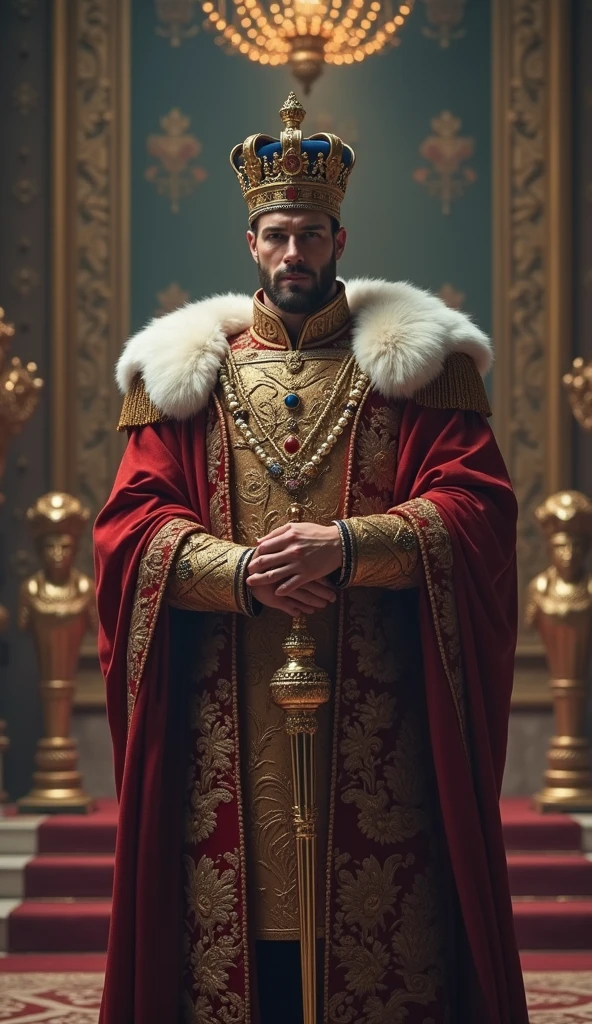 Imposing, strong and handsome emperor with European features wearing a crown and holding a scepter