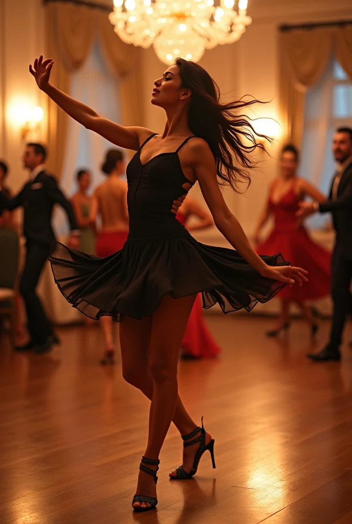 female dancer, latinamerican dance, pose, ballroom dance floor atmosphere, can clearly see face, short skirt, whole body,