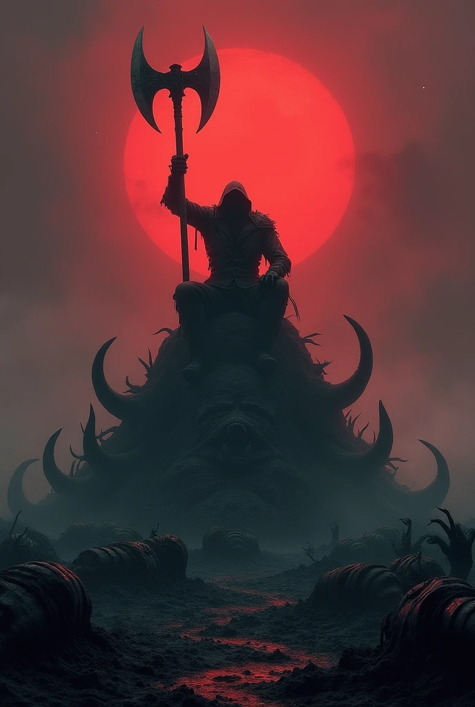 Bloodborne hunter sitting on the monsters corpses with big bloody axe, the sky is dark red and fog is surrounding the area, make the picture look fulfill, all object must be visible,
there is also corpses of characters from anime called Chainsawn Man