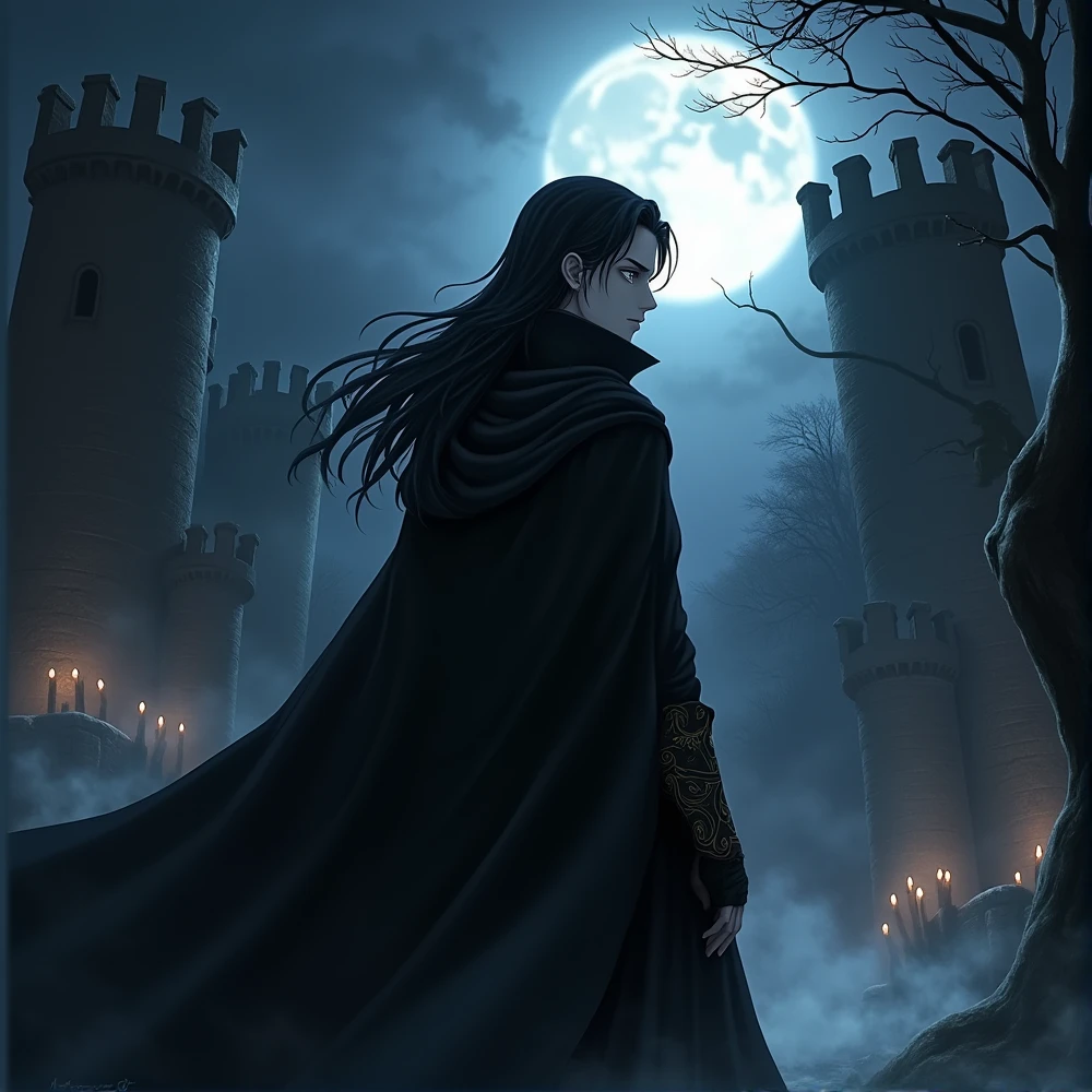 An anime character: White man with dark eyes. Her long, black hair. He wears a black cloak with a hood. Ao fundo, a dark medieval setting with an atmosphere of mystery and intensity.