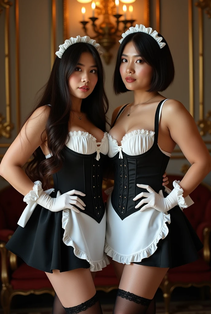 (Photography)(dynamic) Show two slightly chubby Malay females. One has long straight hair, one has short bobcut hair. In French maid costume. Cleavage. Gloves. Stockings. Sexy. Not smiling.