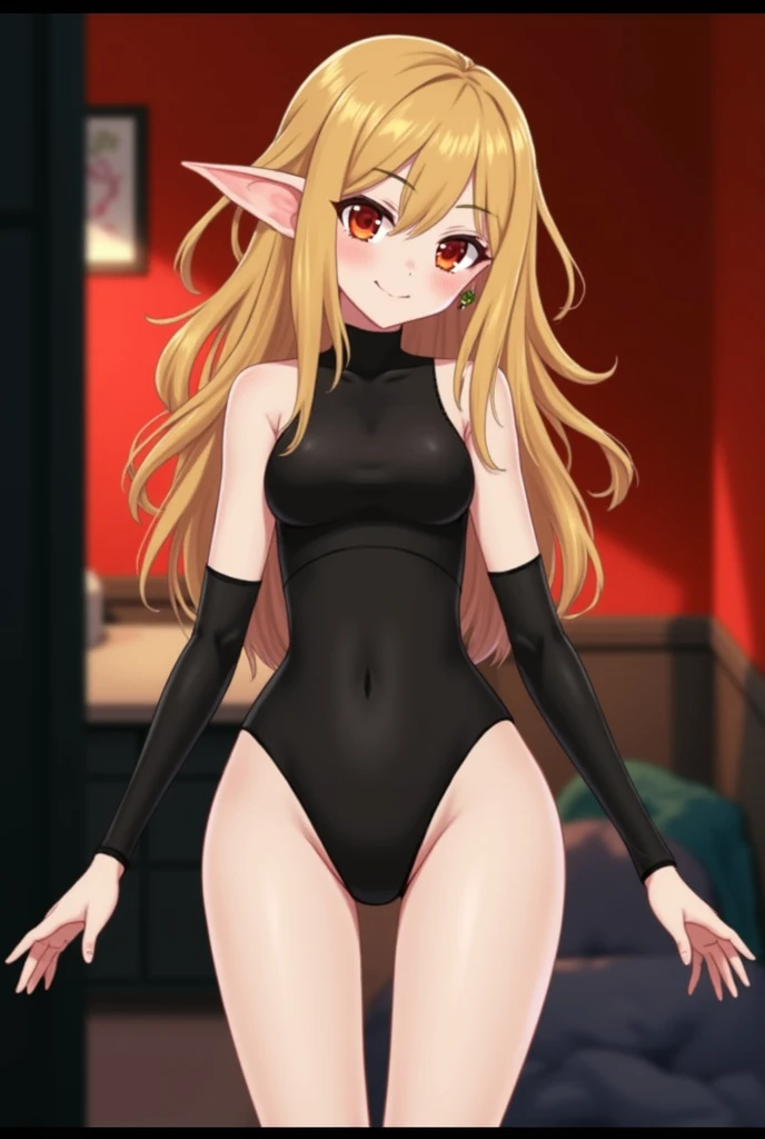 masterpiece, best quality, high resolution,
3rd, FinalCostume,
1girl, Alone,
elf ears, sin corona, with a ruby earring, without cape, with black leotard, necromancer costume, large hunter-shaped eyes of red color, too small bust. 8k, masterpiece, The background is in a bedroom, she's only wearing her black leotard and it's very y, He is smiling