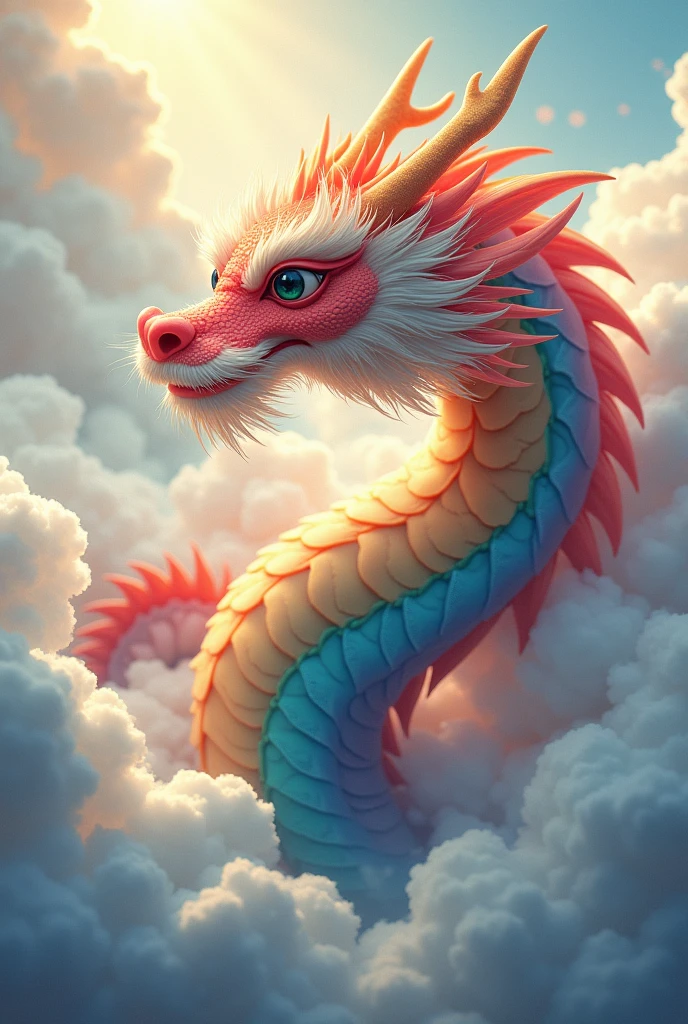 masterpiece, Highest quality,Japan Dragon God、Honglong、Rin々She has a somewhat gentle expression.、The background is a sea of clouds。Fluffy fur around the face、My body is rainbow colored.