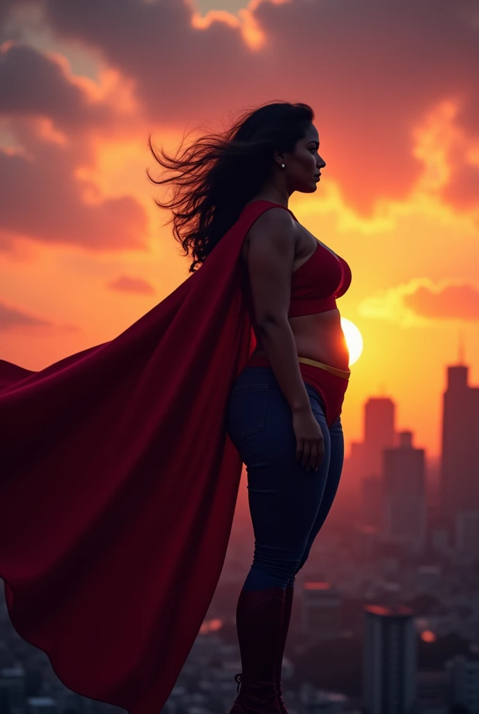 An shadow image of a indian full woman, wearing a superman cape, feels like superwoman, sideways