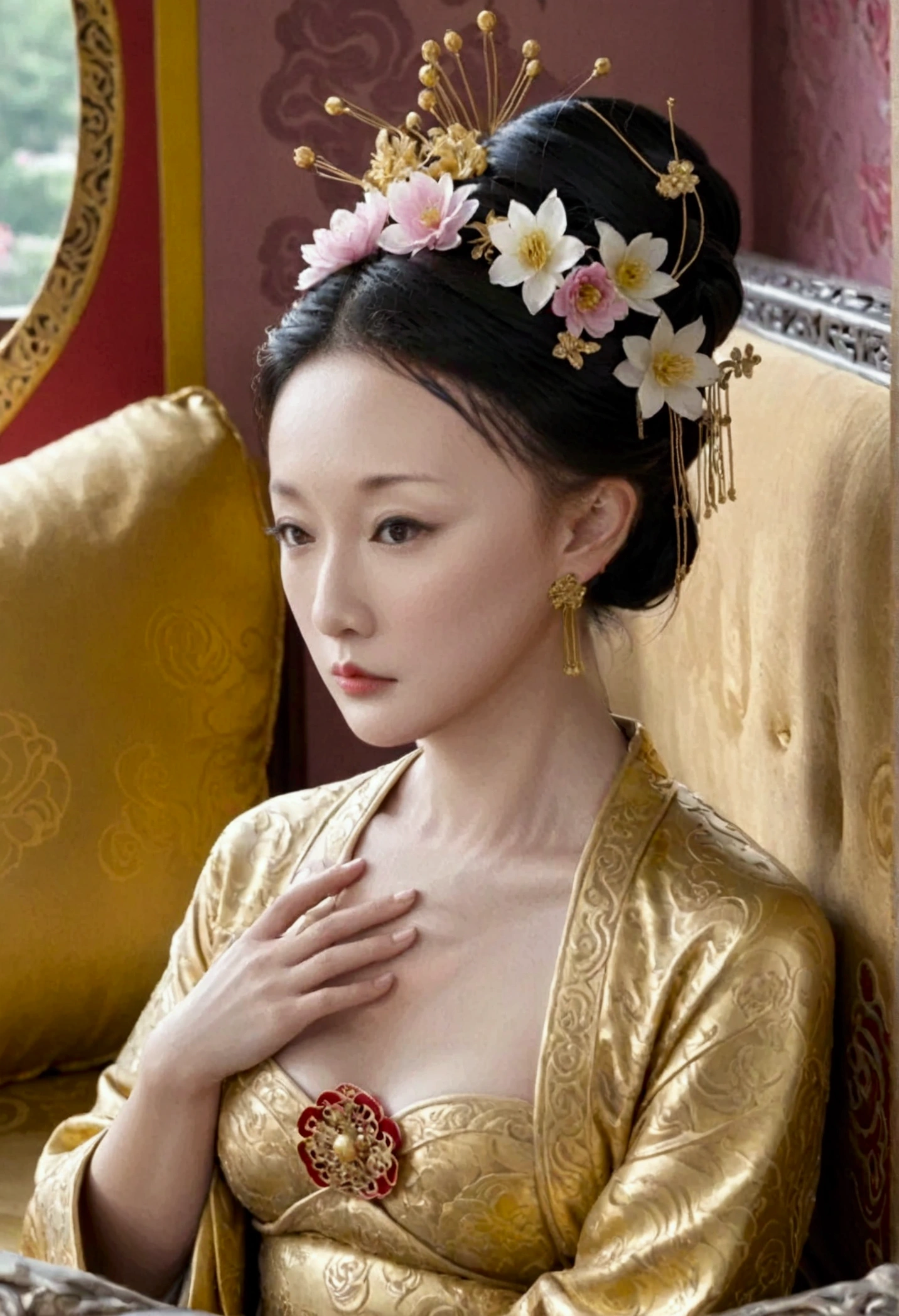 A nude statue of a woman from the Qing Dynasty. She is seated naked on a large golden sofa, Look straight ahead. Her breasts are big, Her hair is tightly bound, She is adorned with hairpins and flowers. The background and location are of a Chinese Empress. The story is set in the opulent rooms of the empress's palace in China during the Qing Dynasty.。.