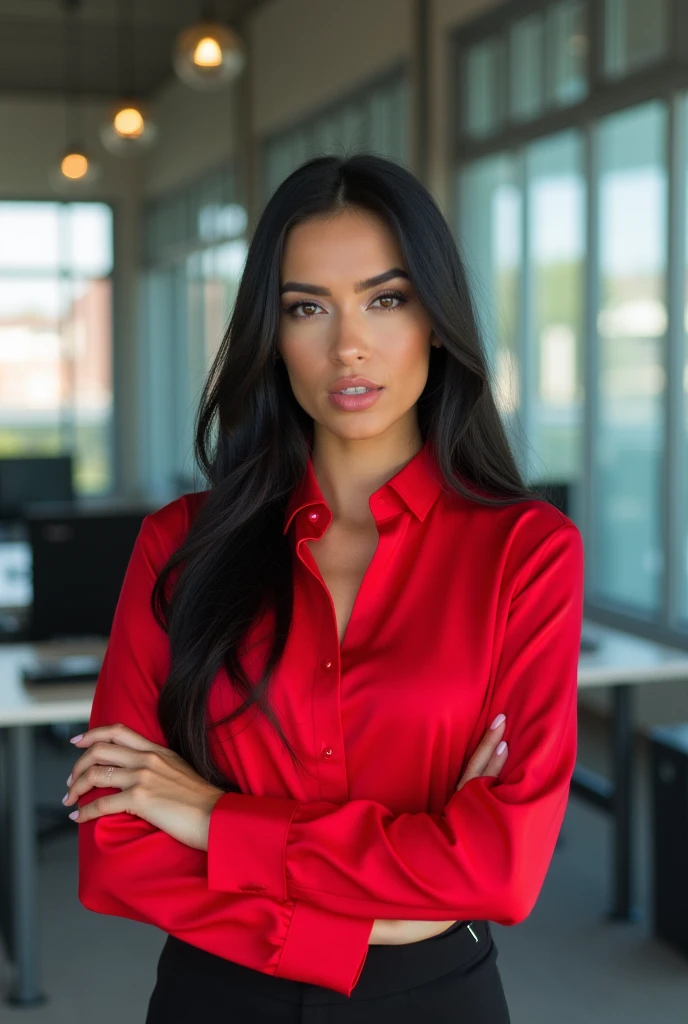 Create an image of a brunette woman with black hair below her shoulders, dressed in red clothes in an office.