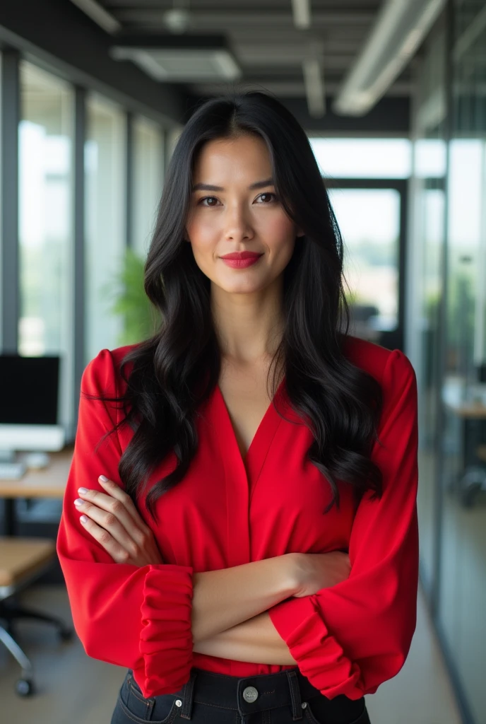 Create an image of a brunette woman with black hair below her shoulders, dressed in red clothes in an office.
