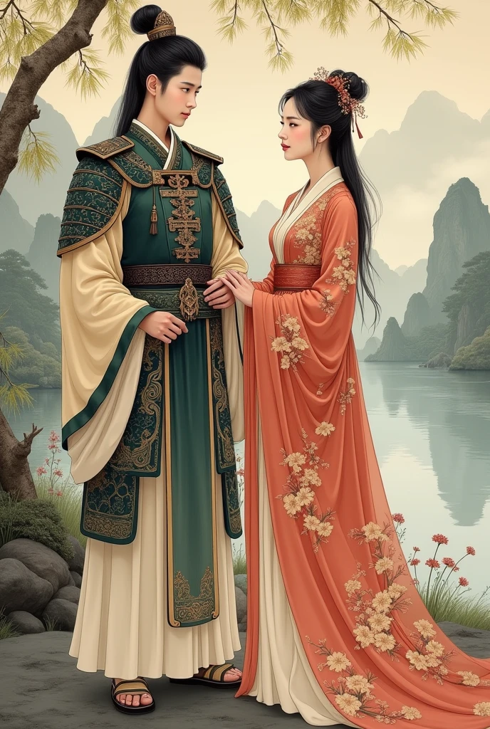 A young Chinese guard stands beside a Chinese woman in a traditional Chinese painting style, with a vintage feel.