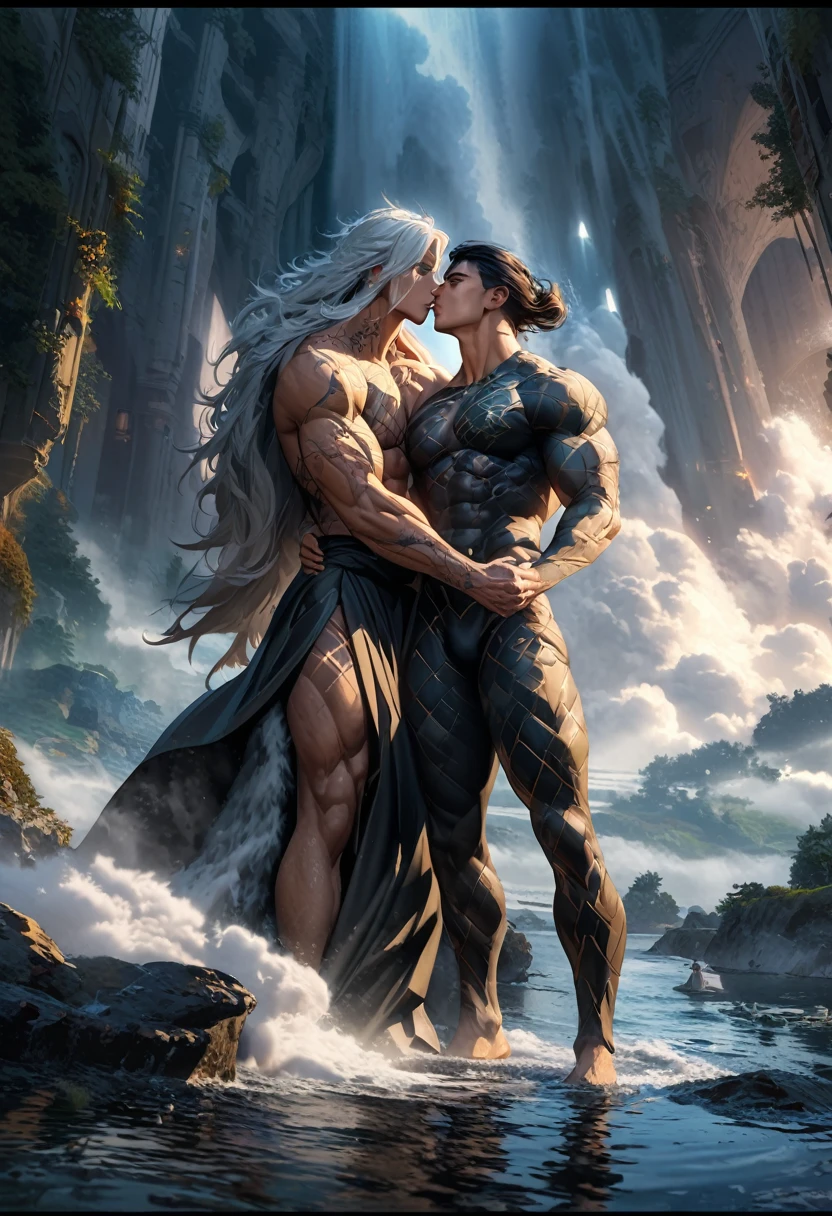 "2 male, anime guy warlords, freckles, locked in an embrace, gorgeous half-elves, silky black/white long hair, perfect body and face, muscular, full body tattoos, almost kissing, hand around his waist intimate pose, underneath the stars, steam rising off the lake water, luxurious fantastical scene, manga comic style, muscle veins, Epic cinematic brilliant stunning intricate meticulously detailed dramatic atmospheric maximalist digital matte painting"""