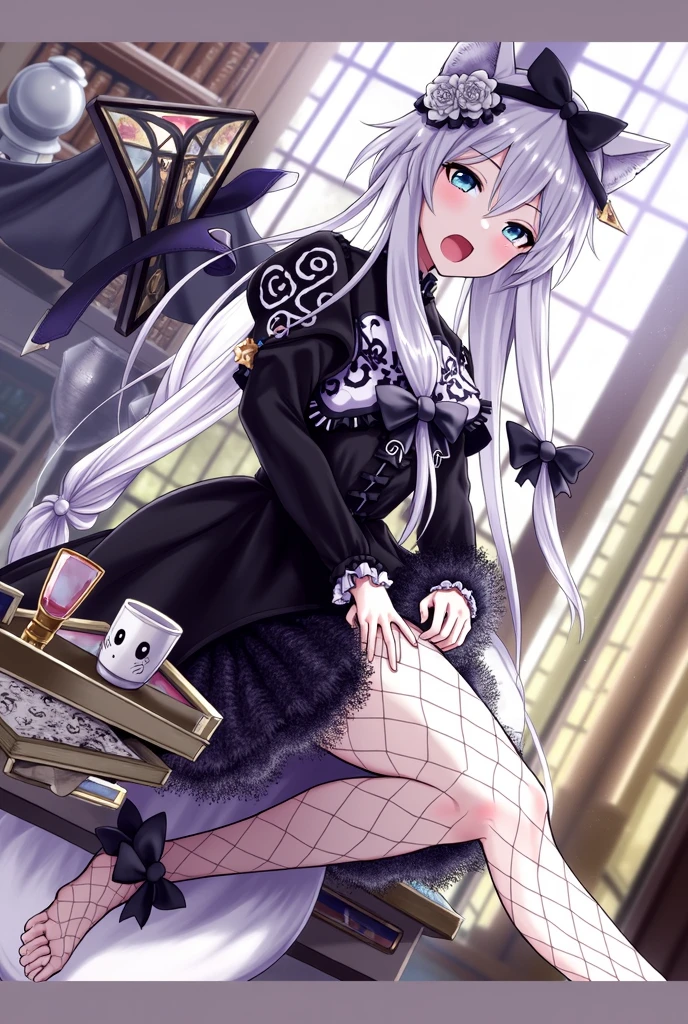 ((best quality)), ((masterpiece)), (detailed), ((highres)), In lavish manor library,  extremely long white hair. Fluffy white cat ears. Long white cat tail on butt, 1catgirl, 20 year old, Curvy body, shy, timid, scared, nervous, Blushing, naked. Heterochromatic eyes, one blue eye, one gold eye. No shoes, black fishnets,
