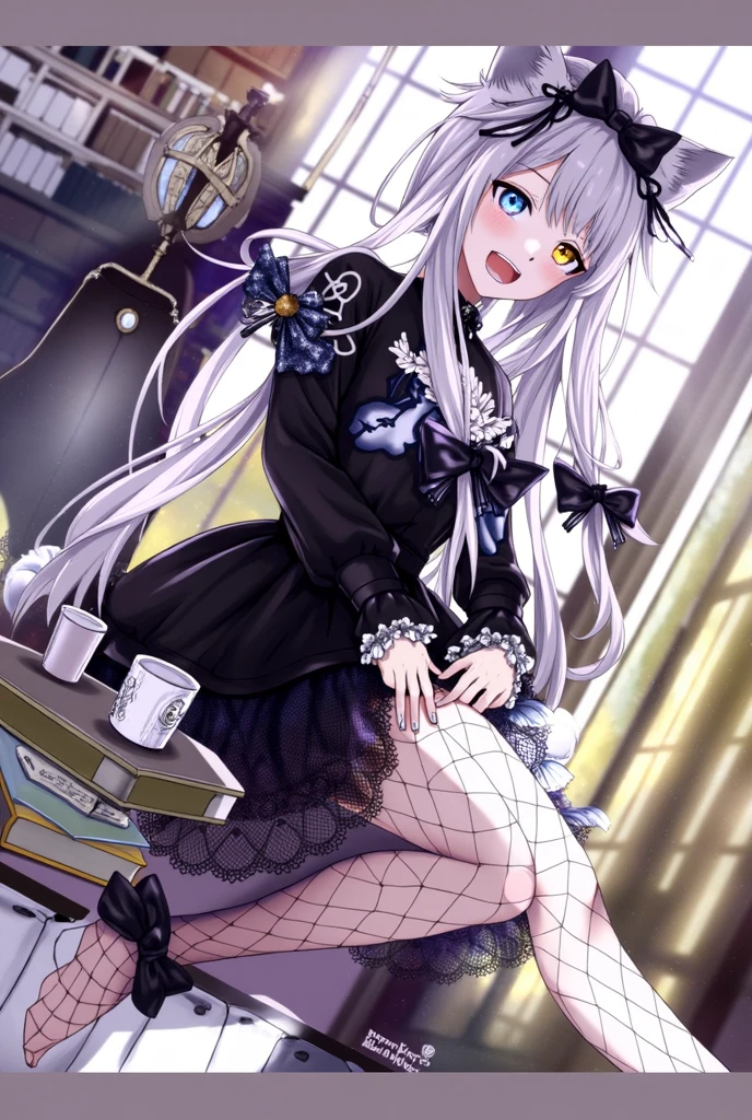 ((best quality)), ((masterpiece)), (detailed), ((highres)), In lavish manor library, extremely long white hair. Fluffy white cat ears. Long white cat tail on butt, 1catgirl, 20 year old, Curvy body, shy, timid, scared, nervous, Blushing, naked. Heterochromatic eyes, one blue eye, one gold eye. No shoes, black fishnets,