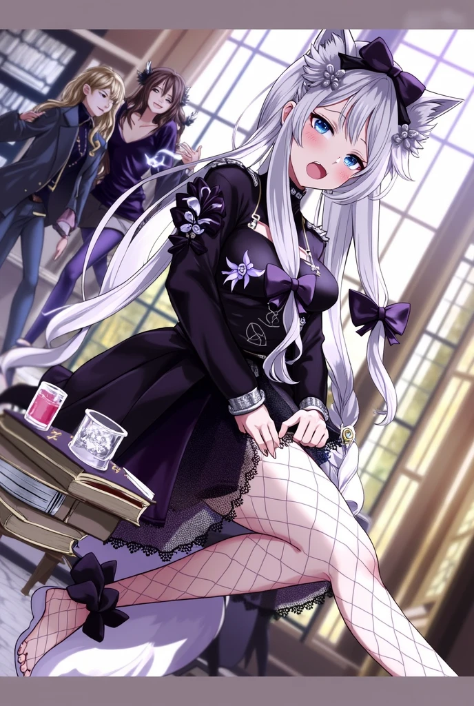 ((best quality)), ((masterpiece)), (detailed), ((highres)), In lavish manor library, extremely long white hair. Fluffy white cat ears. Long white cat tail on butt, 1catgirl, 20 year old, Curvy body, shy, timid, scared, nervous, Blushing, naked. Heterochromatic eyes, one blue eye, one gold eye. No shoes, black fishnets,