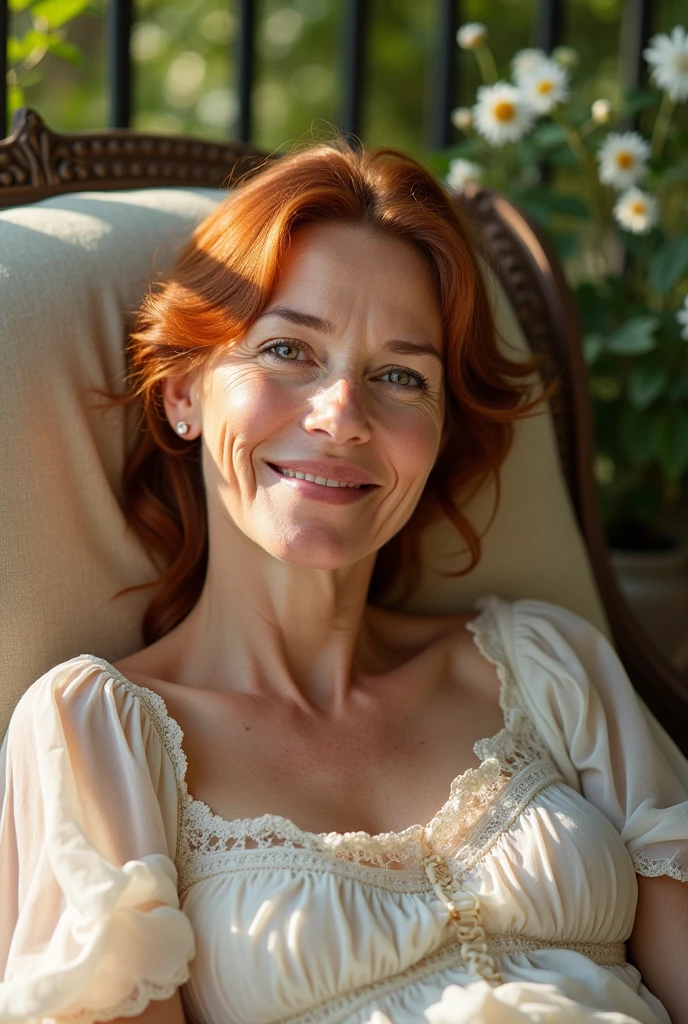 photographie portrait demi-corps d’une très belle et très vieille femme très âgée réaliste, allongé sur une chaise longue sur un balcon, peau de porcelaine, peau très claire, peau très pâle, Roux, ondulé, queue de cheval, quelques taches de rousseur, des yeux noisette aux reflets verts, yeux bridés, petit nez, narine, pensez aux sourcils courbés, lèvre inférieure épaisse, regard séduisant, mine réjouie, visage unique, photo de détail, photo réaliste, photo de pièce maîtresse, image nette, lumière du jour claire en extérieur