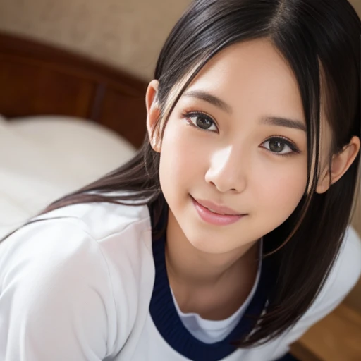 beautiful young girl, 8k, detailed face, flawless skin, cute, big eyes, small nose, cute lips, long eyelashes, smiling, slim body, tight waist, large breasts, small nipples, beautiful, school uniform, solo, photorealistic, (best quality,4k,8k,highres,masterpiece:1.2),ultra-detailed,(realistic,photorealistic,photo-realistic:1.37), soft focus background, beautiful lighting