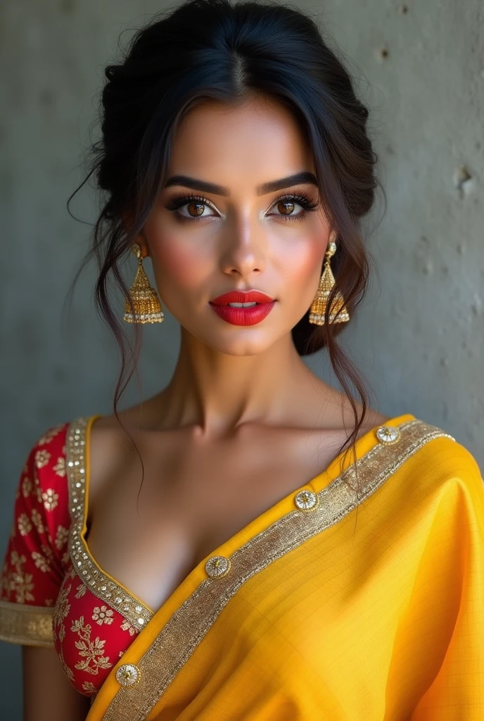 ((Full Open boobs)) perfect pink eyes, fantastic face, Indian, beautiful look, ((red lips, bright eyes, curve heir 1.5)), ((beautiful details very big breast )), (Straight round and ultra huge clevage, not sagging breast), A glorious gorgeous, glorious gorgeous face, pretty face, bright eyes, detailed elegant printed yellow saree, updo elegant hair, blurred gray tones background, ultra focus, face ilumined, face detailed, 8k resolution, painted, dry brush, brush strokes, razumov style and garmash style, by Tokaito