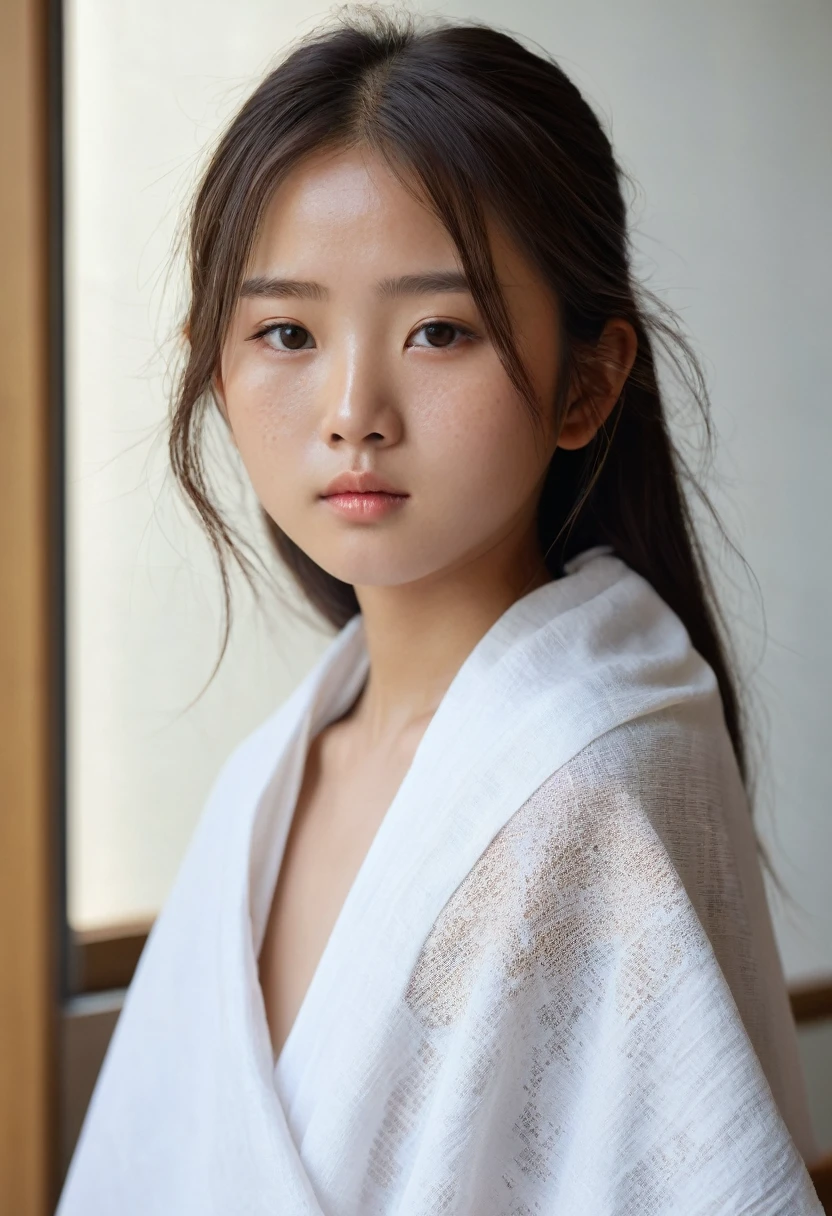 masterpiece、Highest quality、detailed、8k、Japanese、beautiful girl、10 years old、sunburn marks:上肩のみSunburn、Sunburn、Her skin tone is light brown、肩紐の部分はSunburnなく肌色、((A girl wrapping a white cloth around her:1.4))