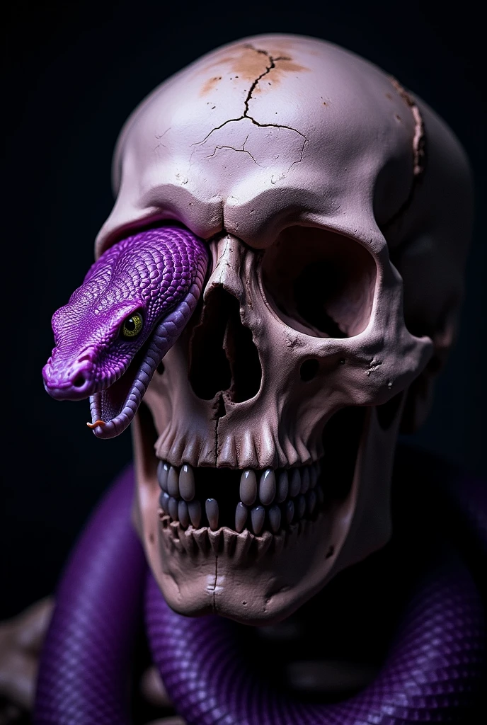 A purple snake up close coming out a skulls eye with a scary look as its mouth is open and the skulls mouth is closed