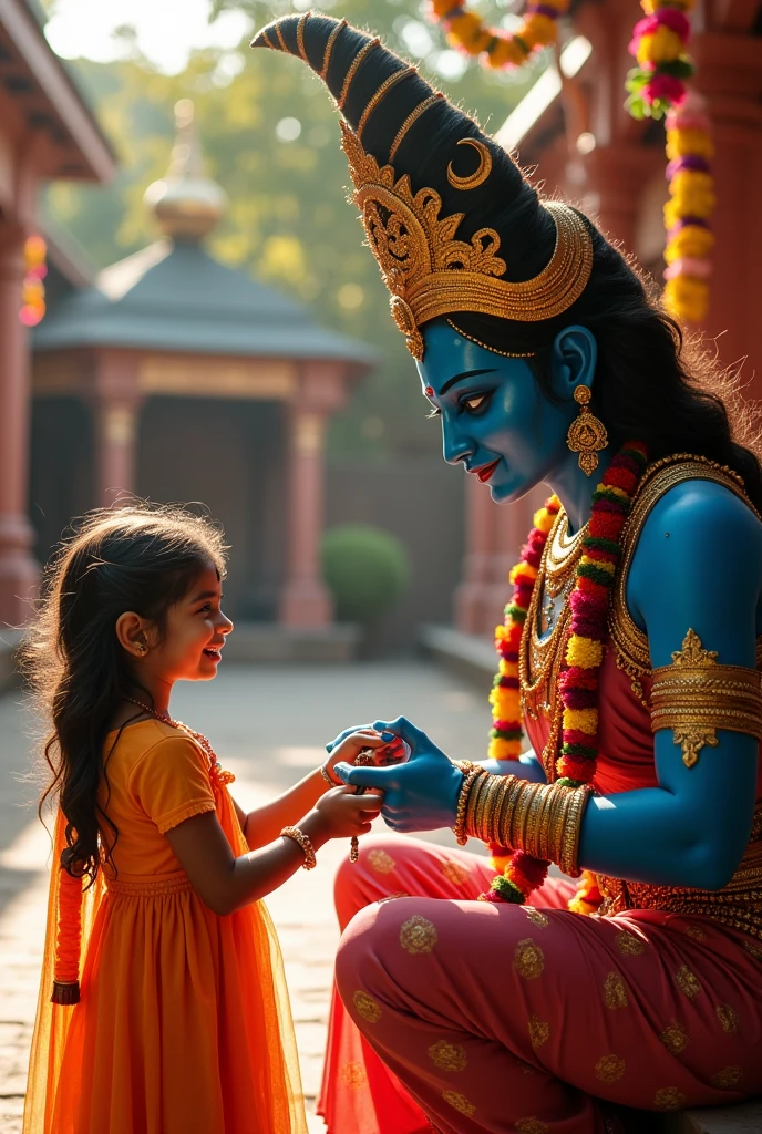 Dangerous angry Hindu Goddess Mahakali tieing rakhi which is clearly visible  to a cute small girl on occasion of rakshabandhan. The cute small girl is laughing 