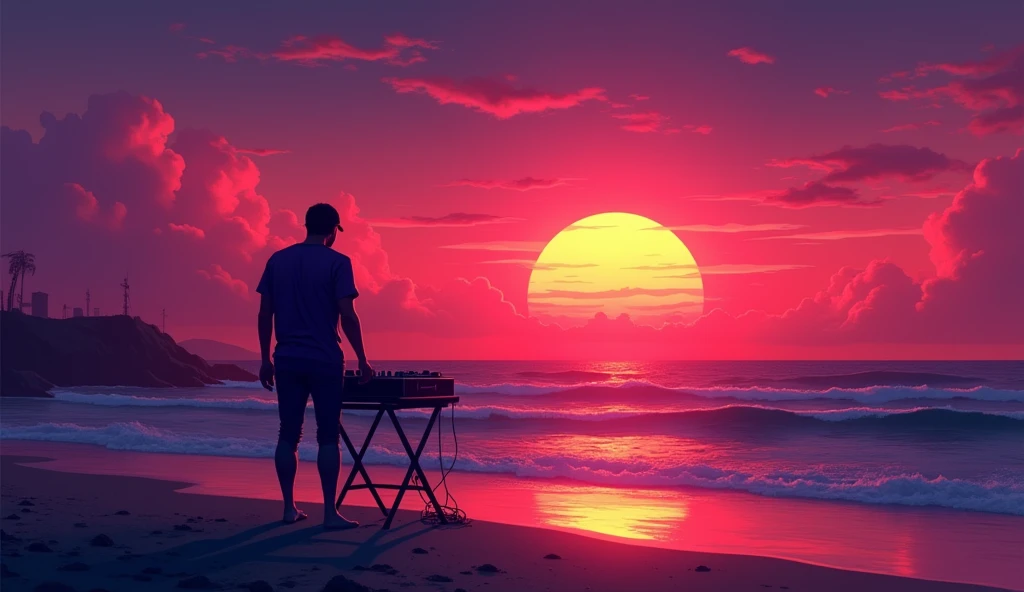 A lonely DJ on a beach, a beautiful sunset, beautiful and enchanting horizon, illustration, edm music
, neon energy