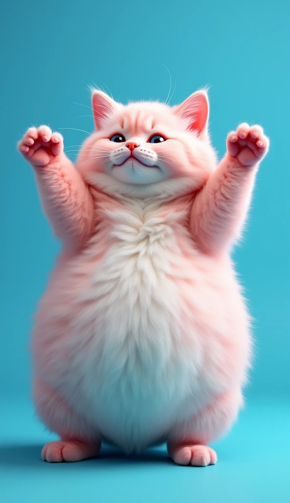 Create an image of a cute, chubby cat with a round, plump body, standing on its hind legs and raising its front paws as if lifting a heavy object. The cat is colored in pink and white, with realistic textures that enhance its adorable appearance. The background is a vivid, detailed blue, providing a striking contrast to the cat. The overall image should be sharp, realistic, and convey the cat's effort and charm effectively