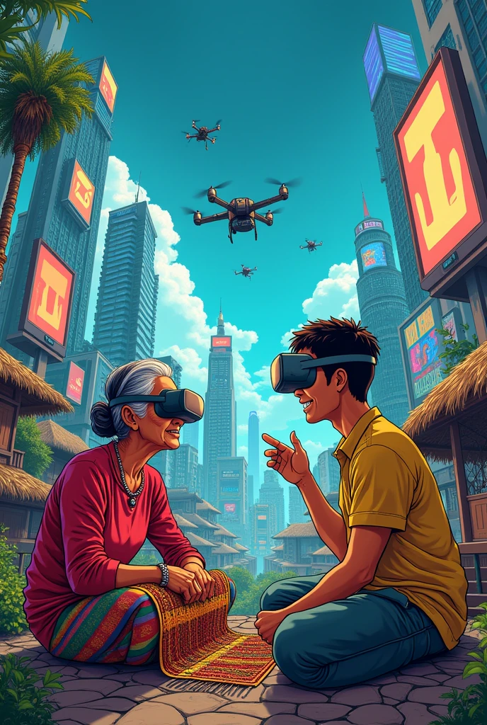 Come up with a political cartoon depicting how the growth in technology will affect Filipino society in the next five to ten years. Explain your work in the to five sentences. easy simple drawing