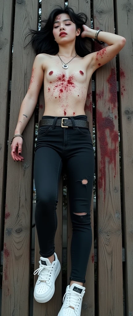 ((sexy 20s group of korean girls)), black tight skinny jeans, belt, nike white air force one sneakers, topless, (((full view))), full body view, lying facing backwards on the wood, dirty and wet skin, blood all over the body, wounds, scratches, bruise, dead, rest, lifeless, eyes closed, mouth open, necklace, showing tits and pointed nipples, wristwatch, bracelet, dead girl, corpse pose, street view, tortured, snowy weather, bloodbath, phone, handbag, tshirt on the floor, arm up pose, sexy death pose