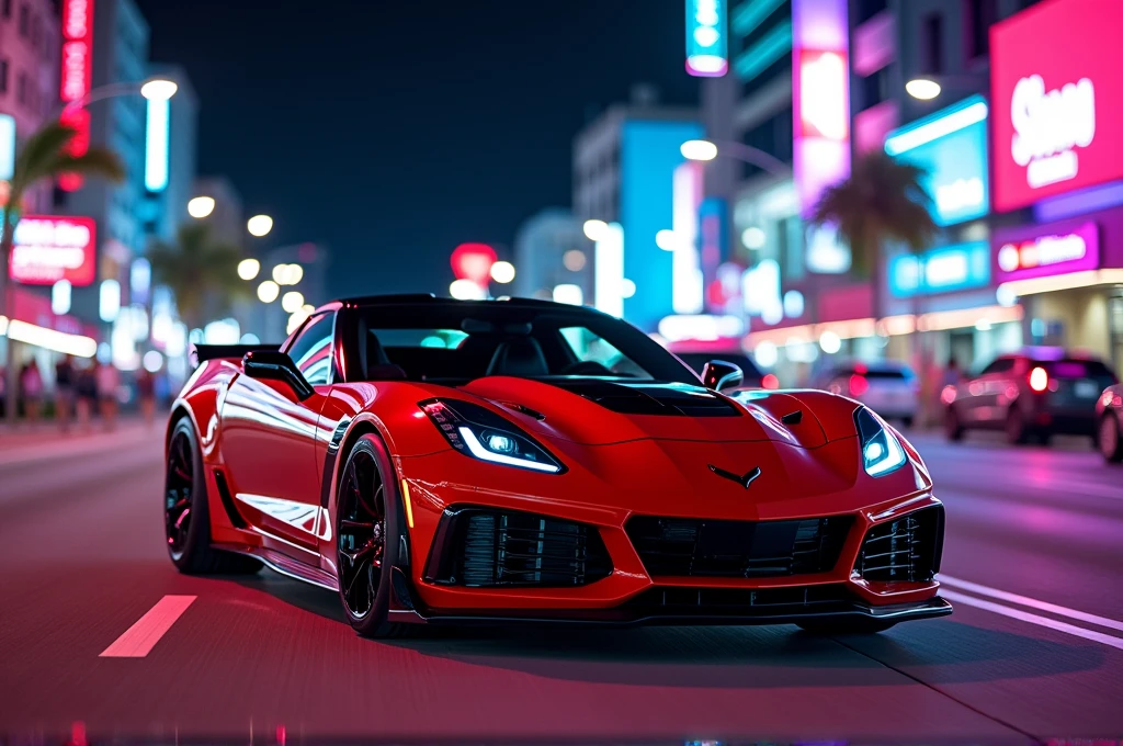 Chevrolet corvette ZR1 the streets of city miami, Exquisite detail, taken with long exposure to capture the movement of cars and people,insane detail, , 8k, photography, Sony Alpha, Canon 5D, Fujifilm xt100