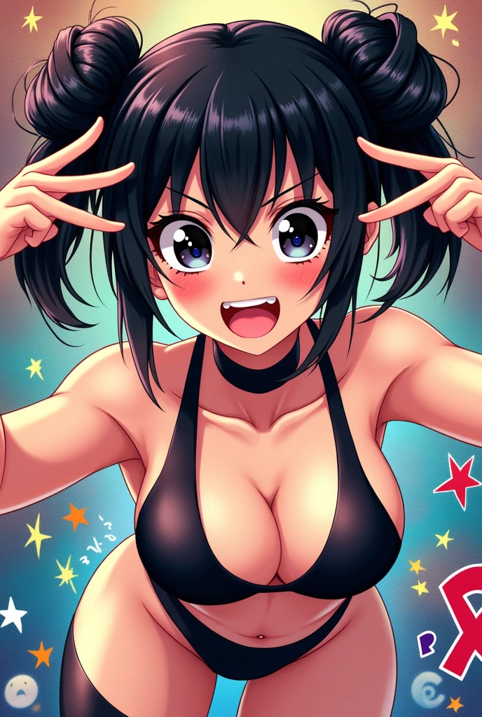 solo, korean, black hair, black eyes buns, aheago face,thong bodysuit,manga art style
