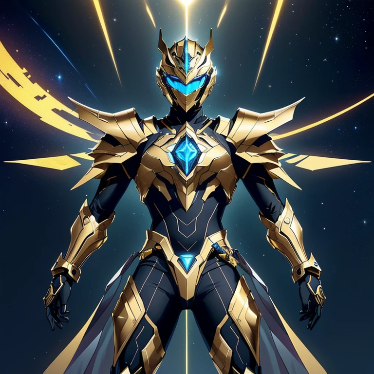 Mostre o capacete da armadura e não fuja muito da imagem original a cima. The image presents a highly detailed and futuristic armor designed for a male warrior. The armor combines elements from different parts to create a cohesive and powerful look.
Helmet: The helmet features a sleek, aerodynamic design with a golden metallic finish. It has a central crest that rises upwards, and the visor glows with a bright blue light, giving it a high-tech, futuristic appearance.
Pauldrons (Shoulder Pads): The shoulder pads are large and wing-like, curving outward and upward, with a polished golden finish. These pads extend slightly beyond the shoulders and include a sleek, angular design, providing both a majestic and powerful look.
Chest Plate: The chest plate is intricately segmented, with a combination of gold and dark metallic blue. It has a gem-like crystal in the center that emits a soft, mystical glow. The design of the chest plate is both protective and regal, with sharp, angular lines that add to the overall futuristic aesthetic.
Arm Guards: The arm guards are sleek and streamlined, with articulated golden and purple segments that offer flexibility and protection. The design of the gauntlets is both robust and elegant, incorporating futuristic elements that blend with the classic style.
Leg Armor: The legs are armored with segmented plates that are primarily gold and purple. The boots are angular and sturdy, with a design that conveys both strength and agility. The overall look of the leg armor is grounded yet sleek, completing the ensemble with a powerful stance.
The background of the image is a dark cosmic scene, filled with distant stars and nebulae that highlight the polished surfaces of the armor. Dynamic lighting is used to emphasize the key features, particularly the glowing visor and central chest gem, reinforcing the mystical and imposing nature of the warrior.