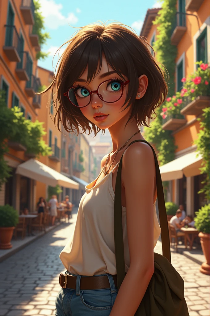 Hiperrealistc italian girl With blue eyes wears glasses, short brown hair baggy clothes