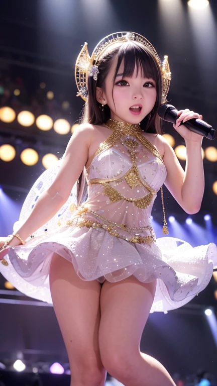masterpiece, 4K, Bokeh, Beautiful Face, (Singer Idol:1.6), (Idol Costume:1.4), From below,