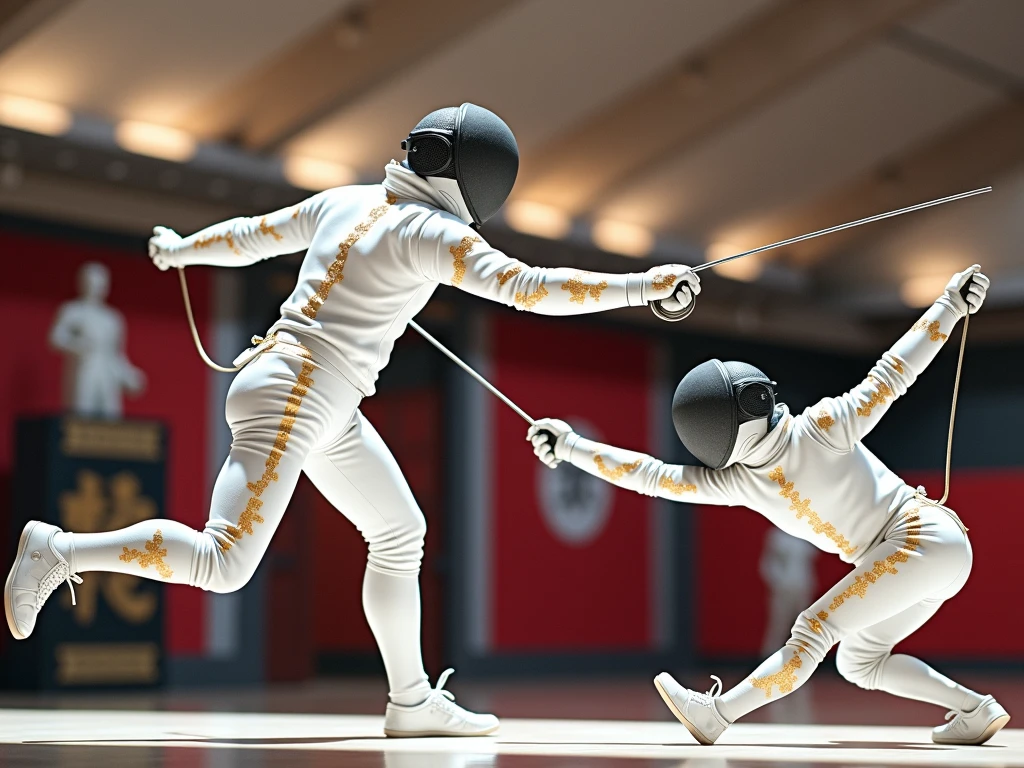 Create a fencer athlete in attack action that looks like marble with gold cracks