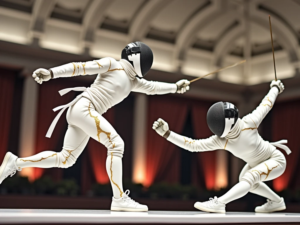Create a fencer athlete in attack action that looks like marble with gold cracks