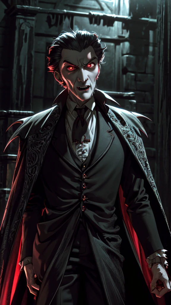 (1boy, ChristopherLee_Dracula), (extremely detailed CG unit 8k wallpaper),(master part), (best quality), (ultra detail), (best illustration),(TimBurton Animation), cowboy shot, (Sharp eyeliner, ombre, detail eyes), dark dungeon interiors background, ,break , (vamptech), vampire, red eyes, fangs, baring fangs, bloody, 