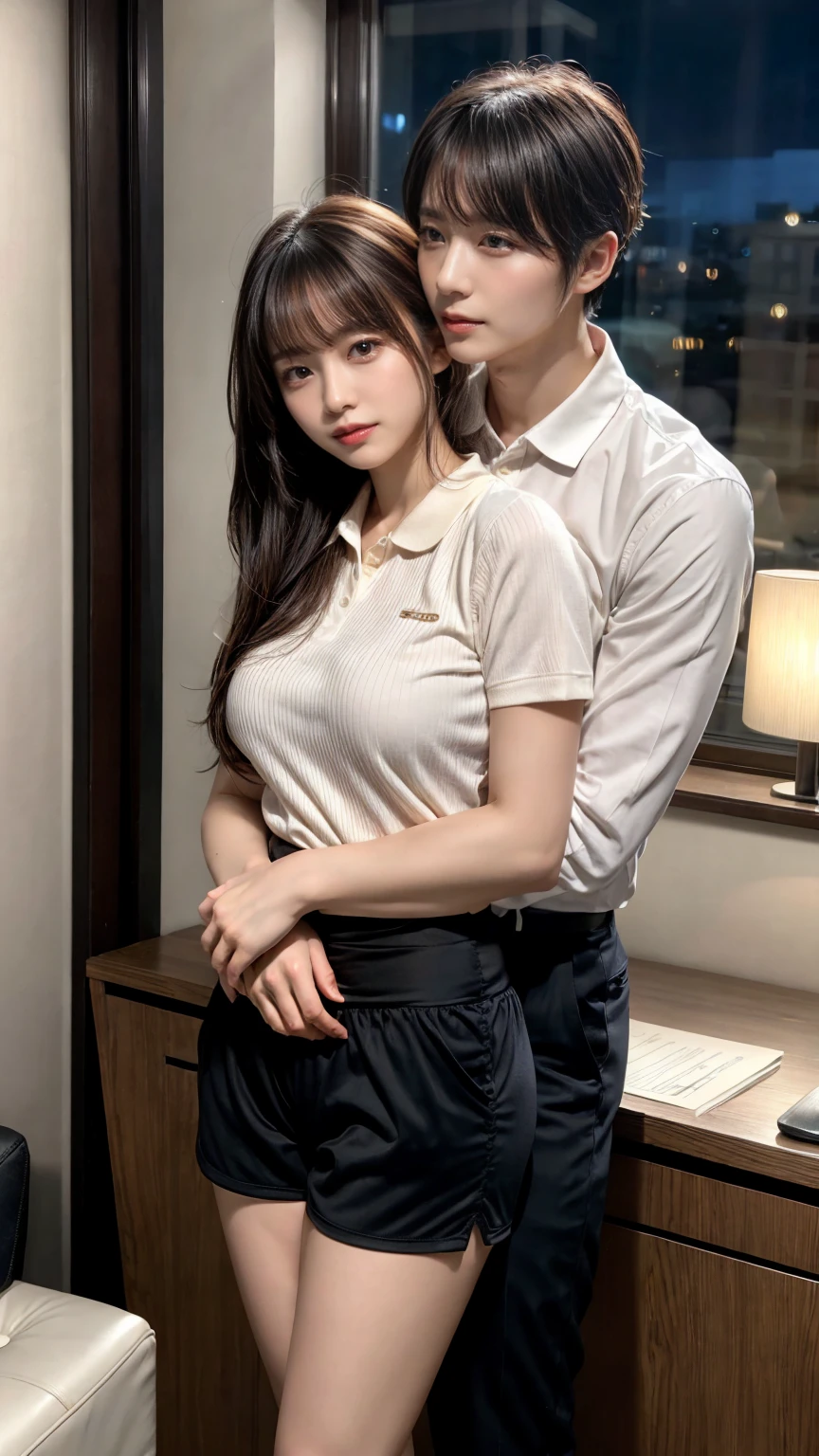 A handsome CEO with his beutiful girlfriend, having sexual intercourse together with him in his luxury office at night. While he carefully romantically falls down her hair., Hug from behind., low ponytail, beautiful flowing hair, bangs, A tight polo shirt that expresses the roundness and softness of your chest.,Don't expose it,Protruding big, Erotic shorts, Standing Elegantly、beautiful thick legs