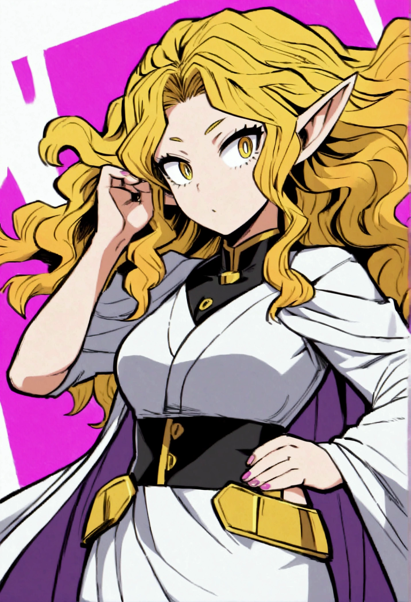 [Boku no Hero Academia] Girl with wavy hair, with a wolf cut and yellow hair with fuchsia highlights, beautiful yellow eyes, pointed ears, posing in a hero costume similar to the style of Eijiro Kirishima's character, drawn and painted in the style of mangaka Kohei Horikoshi.