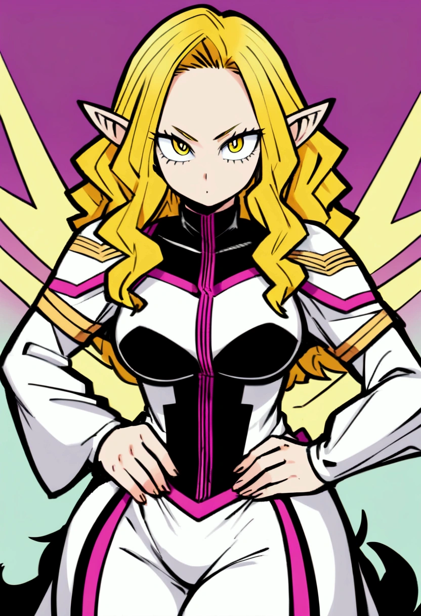 [Boku no Hero Academia] Girl with wavy hair, with a wolf cut and yellow hair with fuchsia highlights, beautiful yellow eyes, pointed ears, posing in a hero costume similar to the style of Eijiro Kirishima's character, drawn and painted in the style of mangaka Kohei Horikoshi.