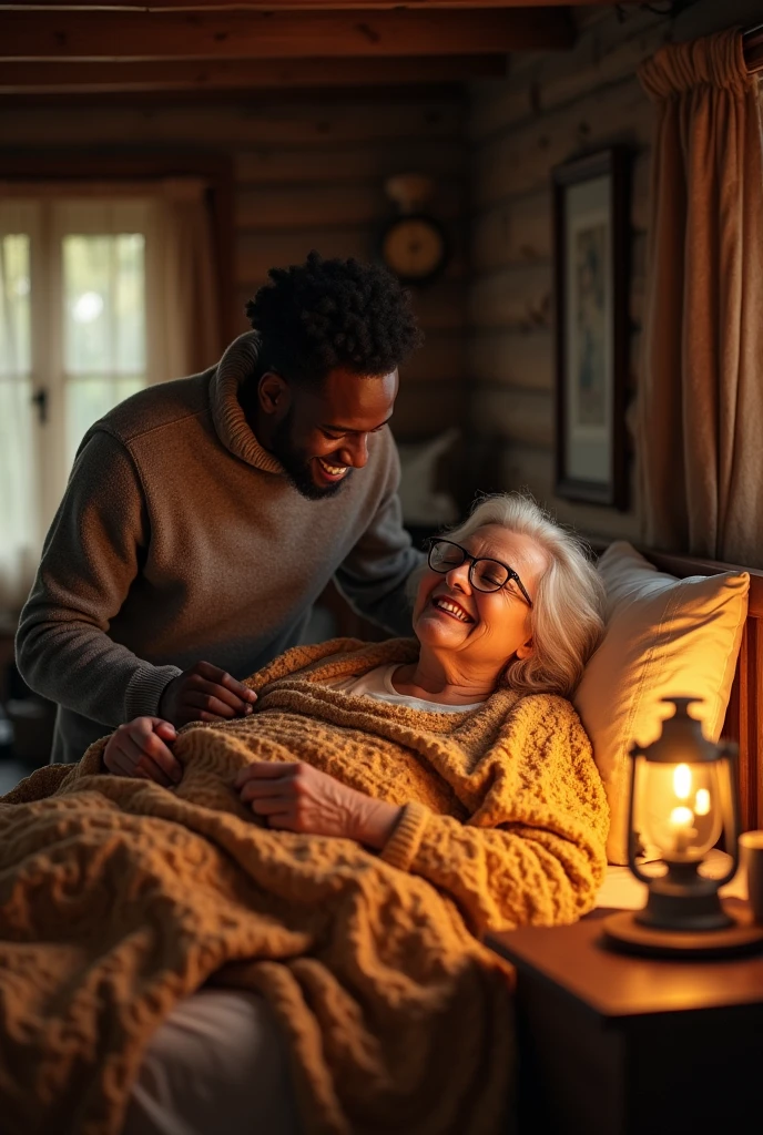 An elderly woman of 60, A woman with long golden hair、Very plump figure、A woman wearing glasses lies in bed,Rustic room,A young black man with a smile on his face looks at her.。