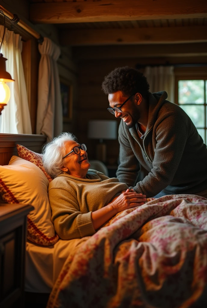 An elderly woman of 60, A woman with long golden hair、Very plump figure、A woman wearing glasses lies in bed，Rustic room，A young black man with a smile on his face looks at her.。