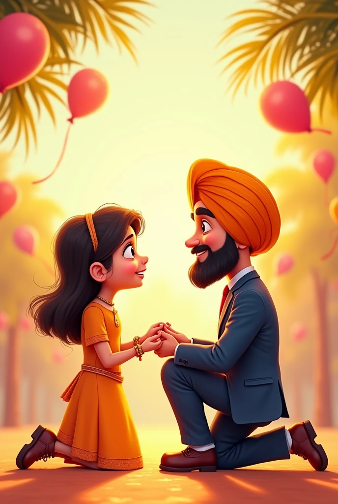  Sister wearing suit + tying rakhi on  sikh brother  + no hairs out of turban +   and cartoon style  kids + realistic sikh 