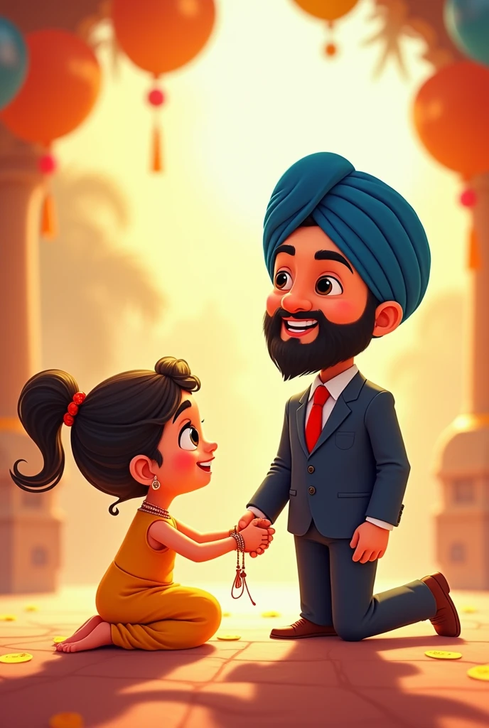 Sister wearing suit + tying rakhi on sikh brother + no hairs out of turban + and cartoon style kids + realistic sikh