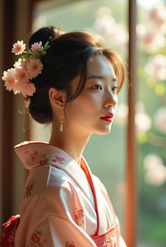 An elegantly dressed Japanese woman in natural light、A close-up of her chest and calm expression.、It shows her inner peace and outer charm.。