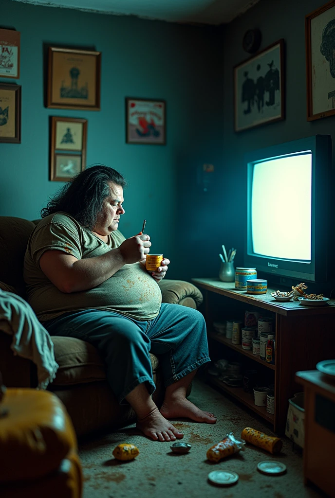Disgusting fat man with long hair eating canned tuna and playing games all day