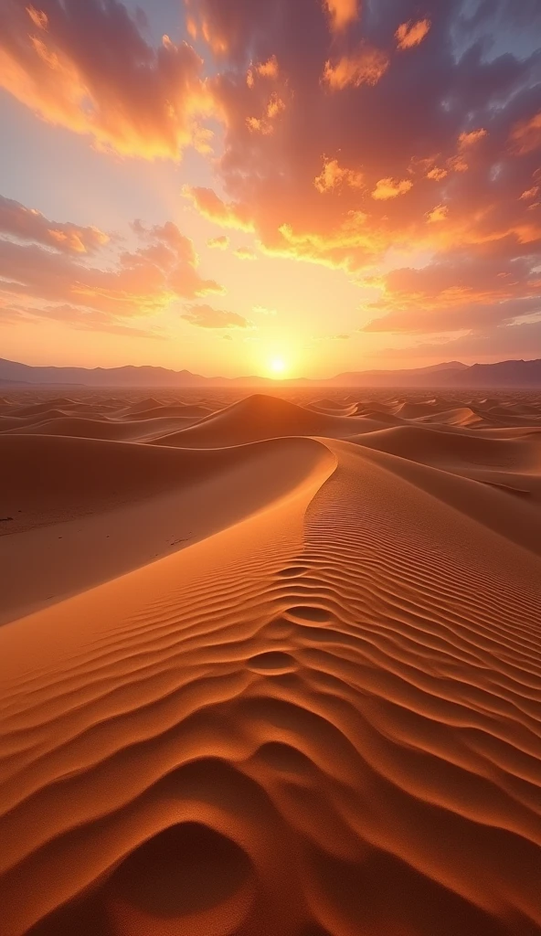 A captivating view of vast sand dunes in the desert at sunset, captured from a low angle with a 50mm lens as if standing on the ground. The golden sands of the dunes are beautifully illuminated by the warm, glowing light of the setting sun, creating rich textures and long, dramatic shadows. The scene includes the undulating curves of the dunes in the foreground, with the vibrant oranges, pinks, and purples of the sky in the background as the sun sets. The close-up perspective highlights the intricate patterns of the dunes and the serene beauty of the desert landscape at twilight.
