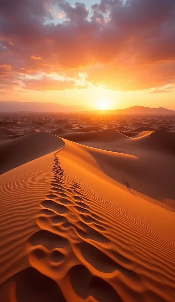 A captivating view of vast sand dunes in the desert at sunset, captured from a low angle with a 50mm lens as if standing on the ground. The golden sands of the dunes are beautifully illuminated by the warm, glowing light of the setting sun, creating rich textures and long, dramatic shadows. The scene includes the undulating curves of the dunes in the foreground, with the vibrant oranges, pinks, and purples of the sky in the background as the sun sets. The close-up perspective highlights the intricate patterns of the dunes and the serene beauty of the desert landscape at twilight.