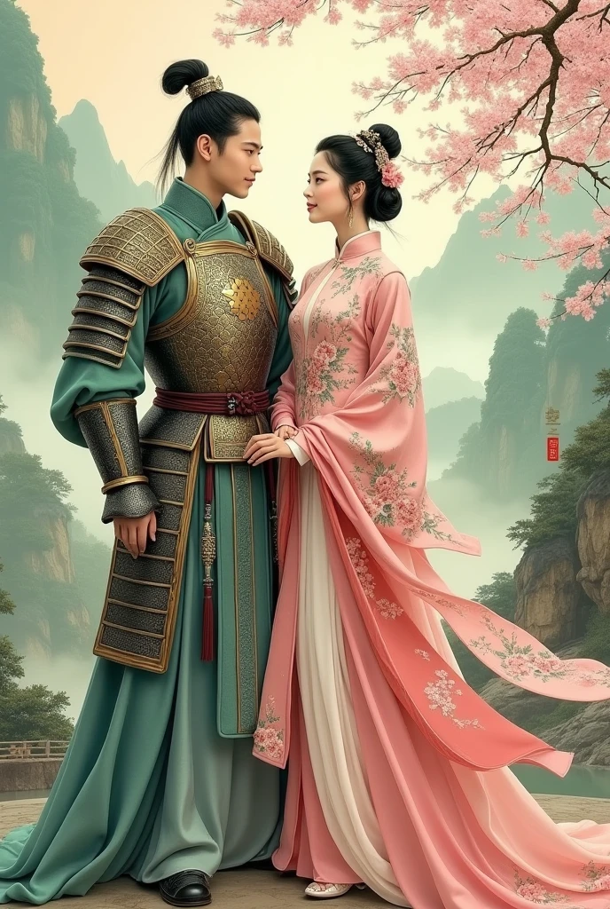 A young Chinese guard stands beside a Chinese woman in a traditional Chinese painting style, with a vintage feel.