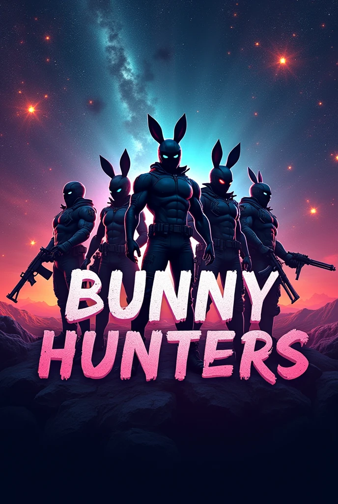 Create a Banner that says Bunny Hunters Galaxys, make it more masculine and shorten the message a bit.