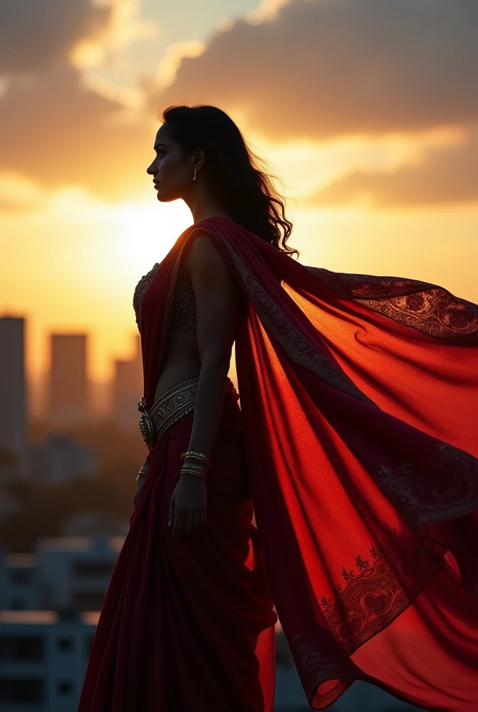 A black shadow image of a indian woman, wearing a saree, with superman cape, feels like superwoman, sideways