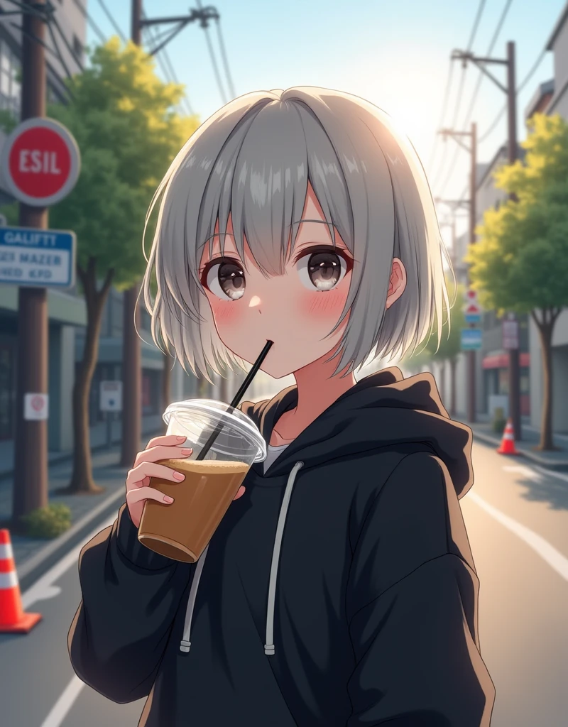 (RAW photo, best quality, masterpiece: 1.2), (photorealistic: 1.4), best lighting, 20 years old, (light gray hair, short bob cut, hair in 7 thirds, hair over one ear, Symmetrical eyes, fair skin, solo, Detailed Skin, Detailed Background:1.2),　a black short-length hoodie, drinking a cafe latte in a transparent cup with a straw, taken in a residential area in Japan, road signs, traffic cones, sun, street trees, realistic