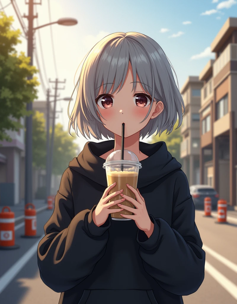 (RAW photo, best quality, masterpiece: 1.2), (photorealistic: 1.4), best lighting, 20 years old, (light gray hair, short bob cut, hair in 7 thirds, hair over one ear, Symmetrical eyes, fair skin, solo, Detailed Skin, Detailed Background:1.2),　a black short-length hoodie, drinking a cafe latte in a transparent cup with a straw, taken in a residential area in Japan, road signs, traffic cones, sun, street trees, realistic